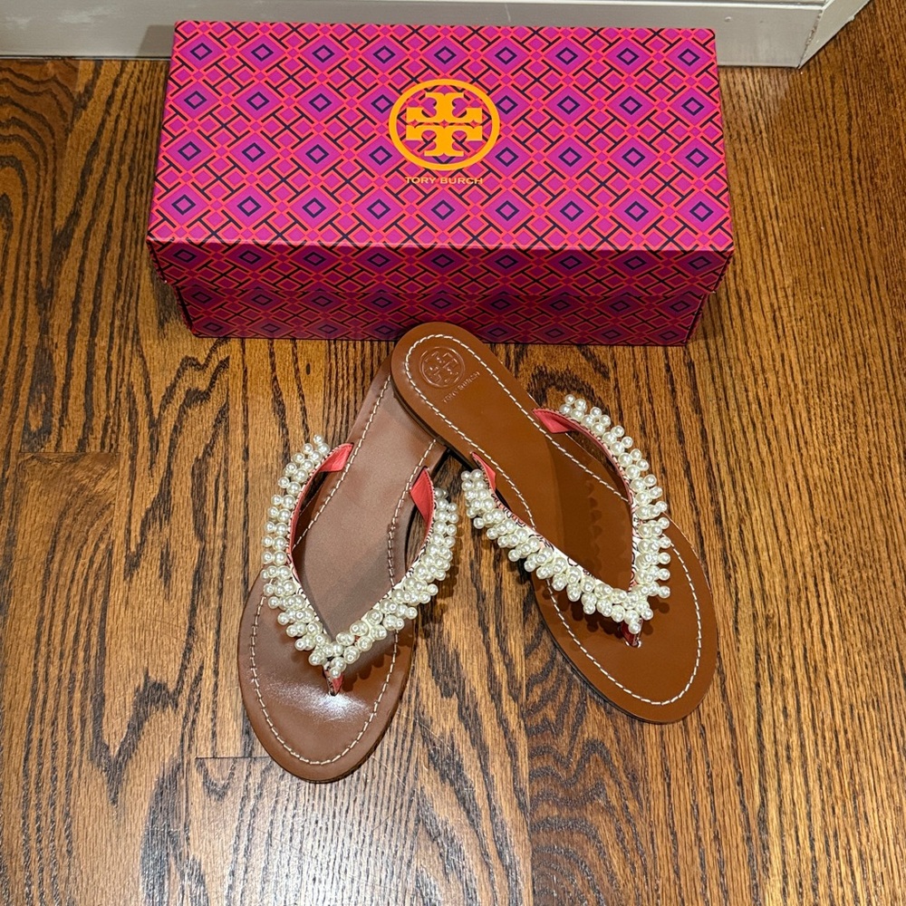 Tory Burch Tan Sandals with Pearl Details